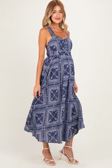 Navy Bandana Print Crisscross Back Maternity Midi Dress