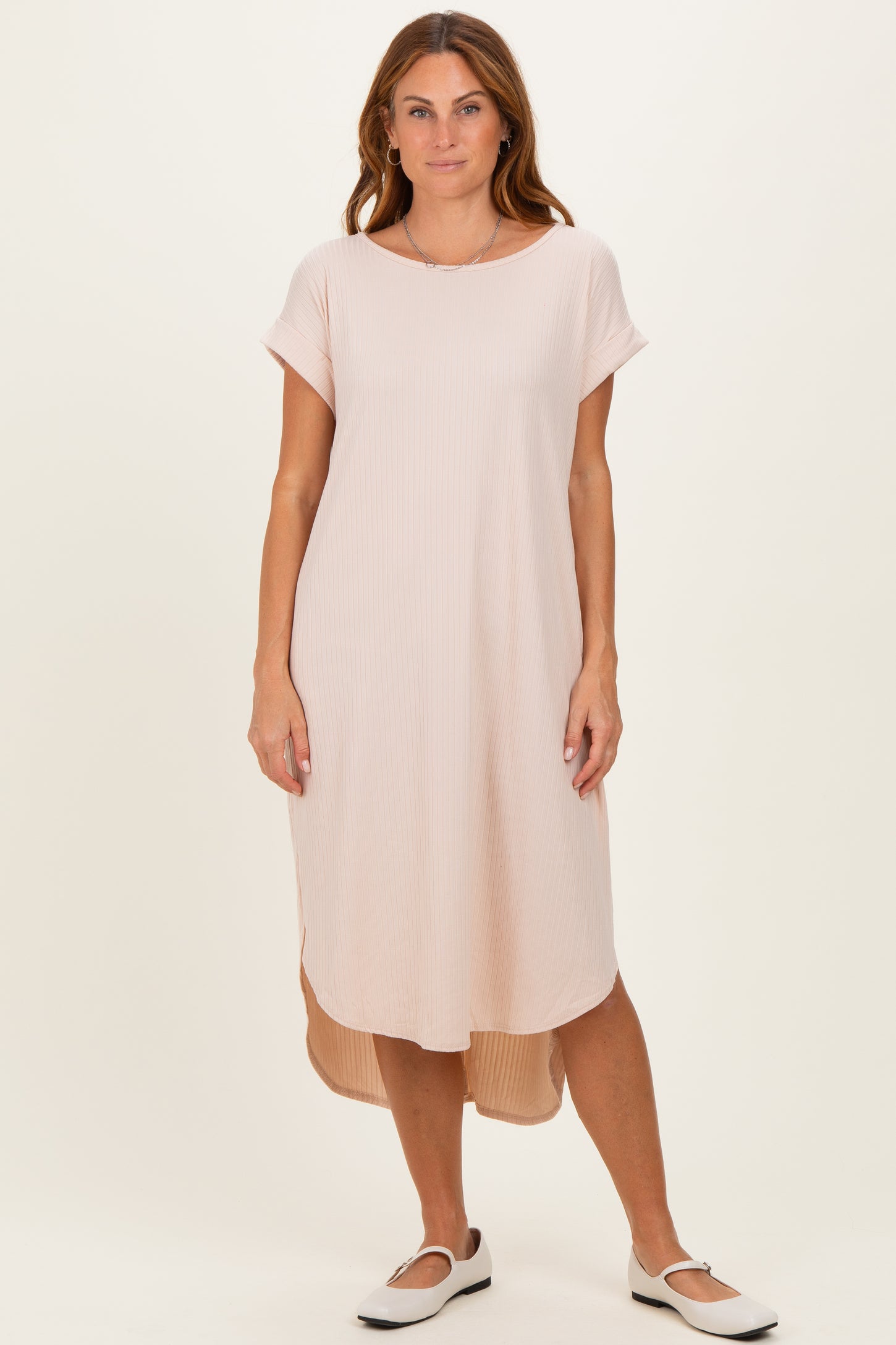 Beige Ribbed Curved Hem Maternity Midi Dress