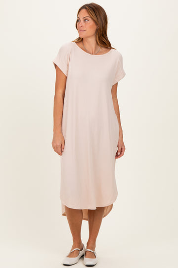 Beige Ribbed Curved Hem Midi Dress