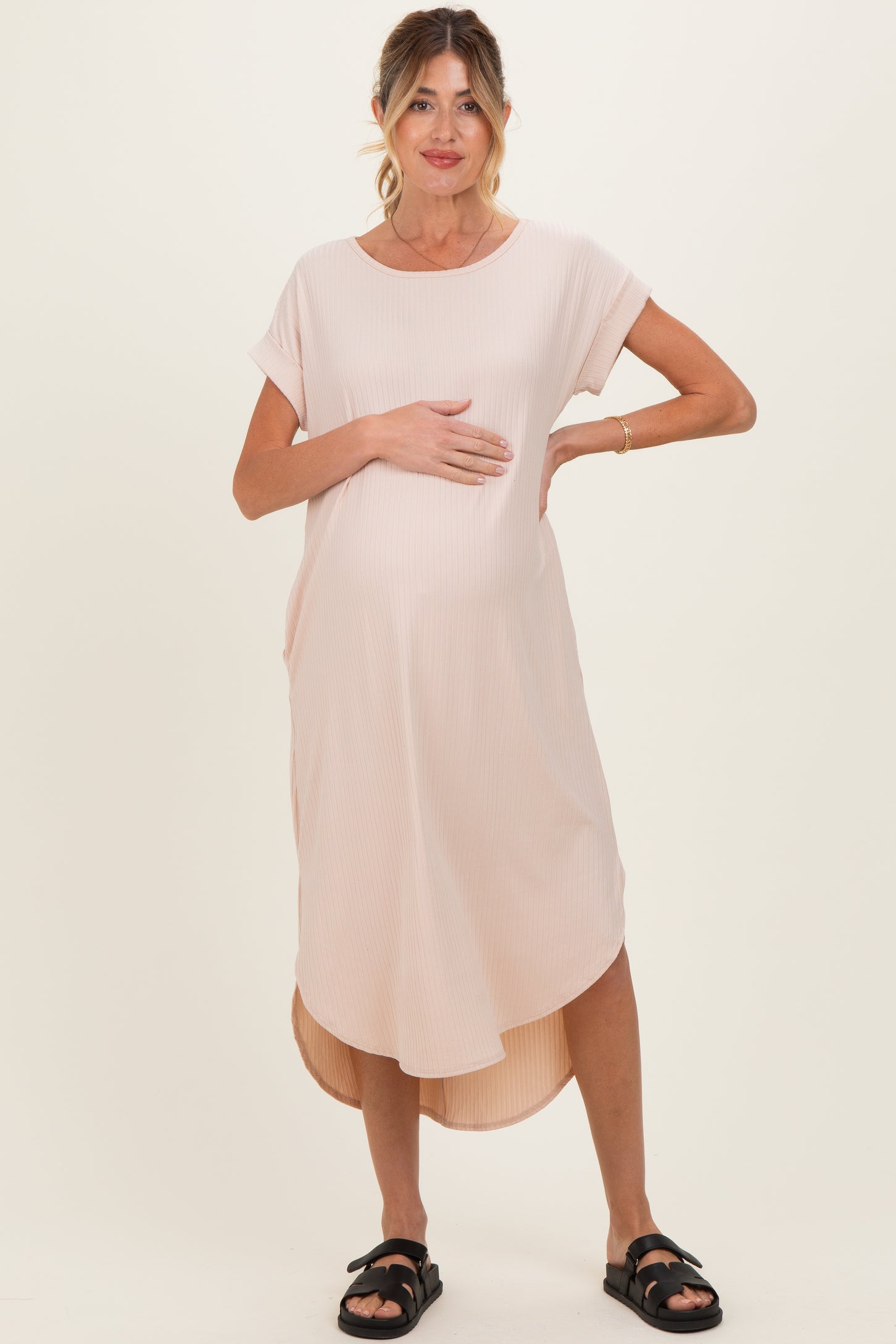 Beige Ribbed Curved Hem Maternity Midi Dress