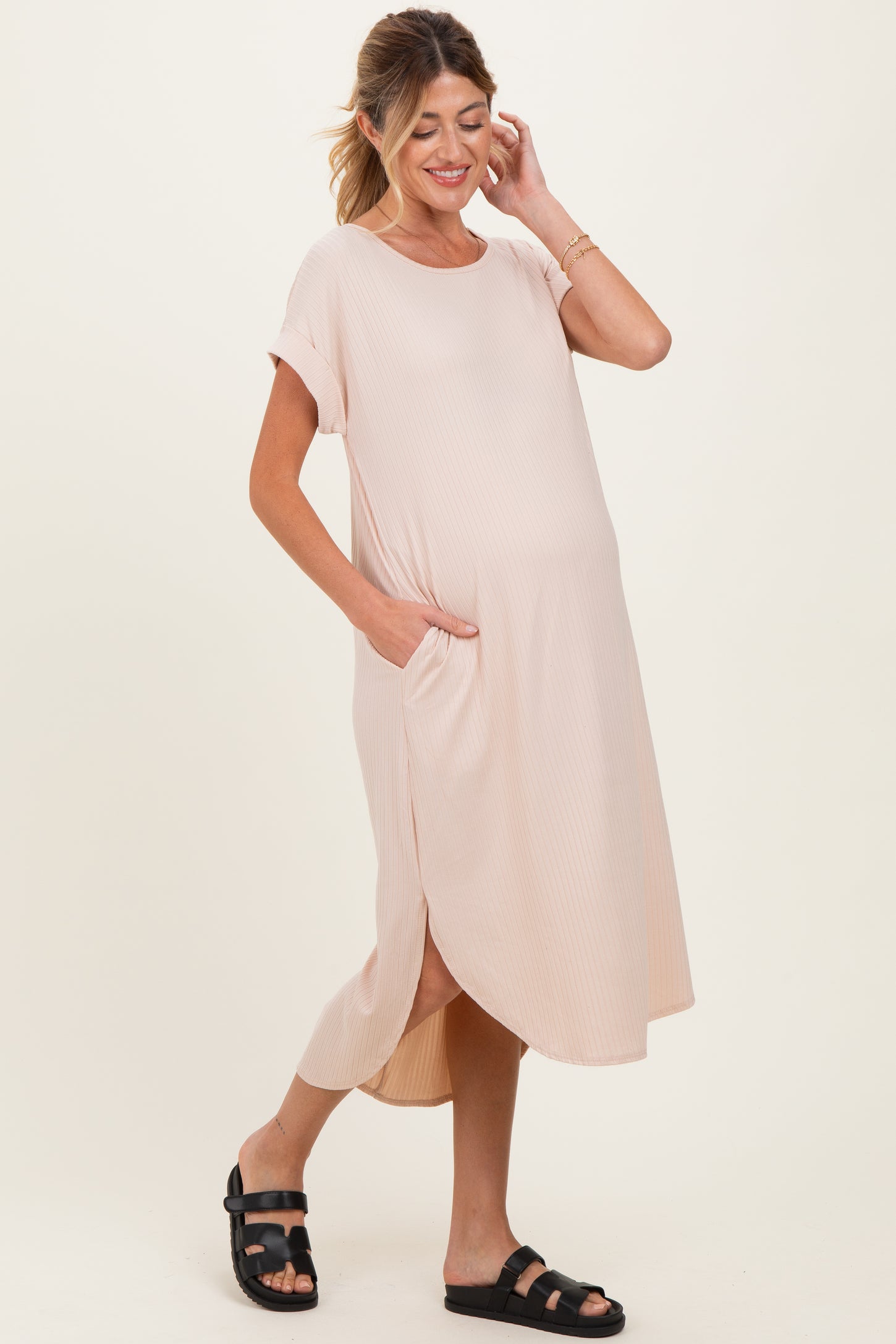 Beige Ribbed Curved Hem Maternity Midi Dress – PinkBlush