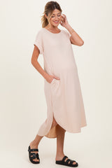 Beige Ribbed Curved Hem Maternity Midi Dress