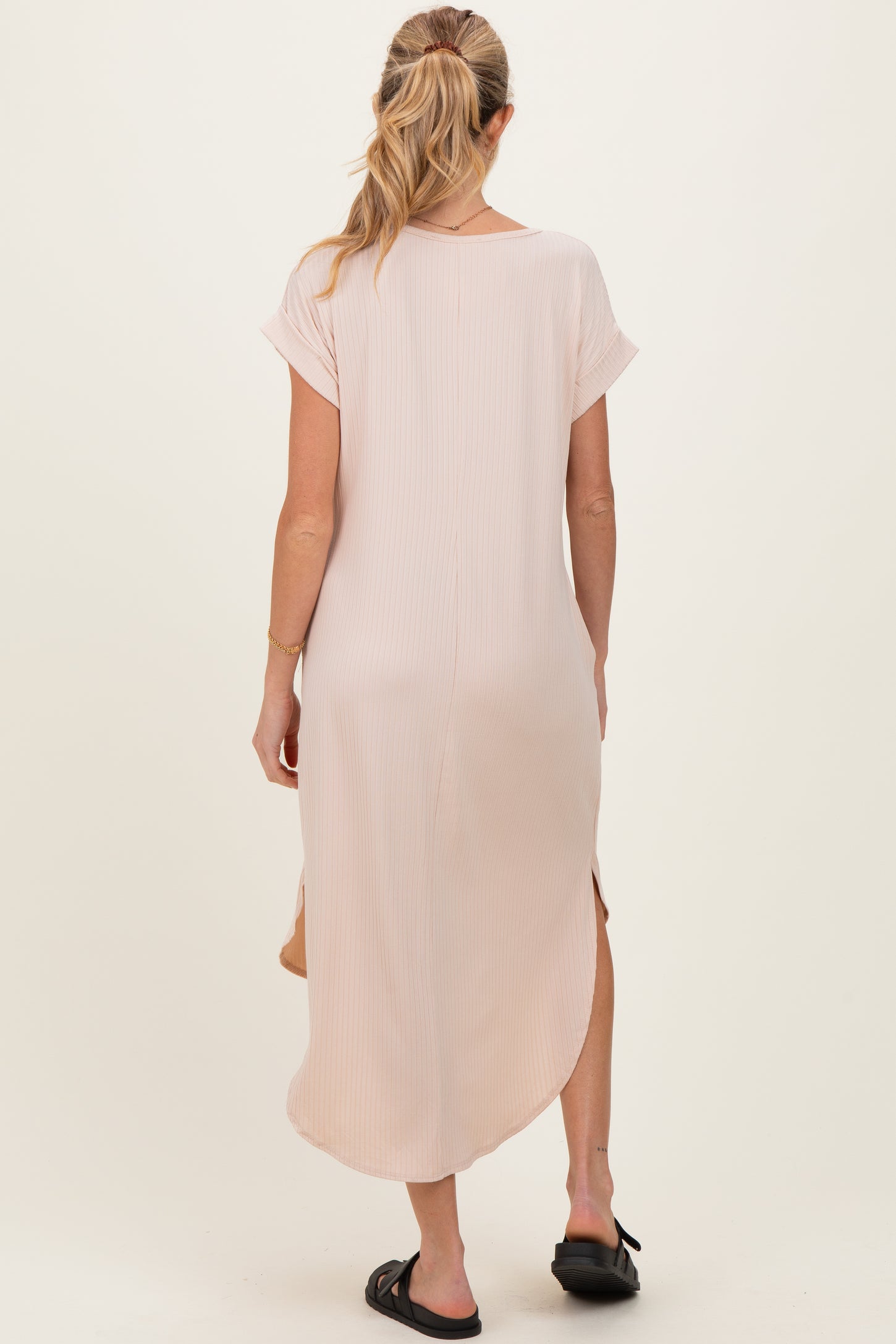 Beige Ribbed Curved Hem Maternity Midi Dress