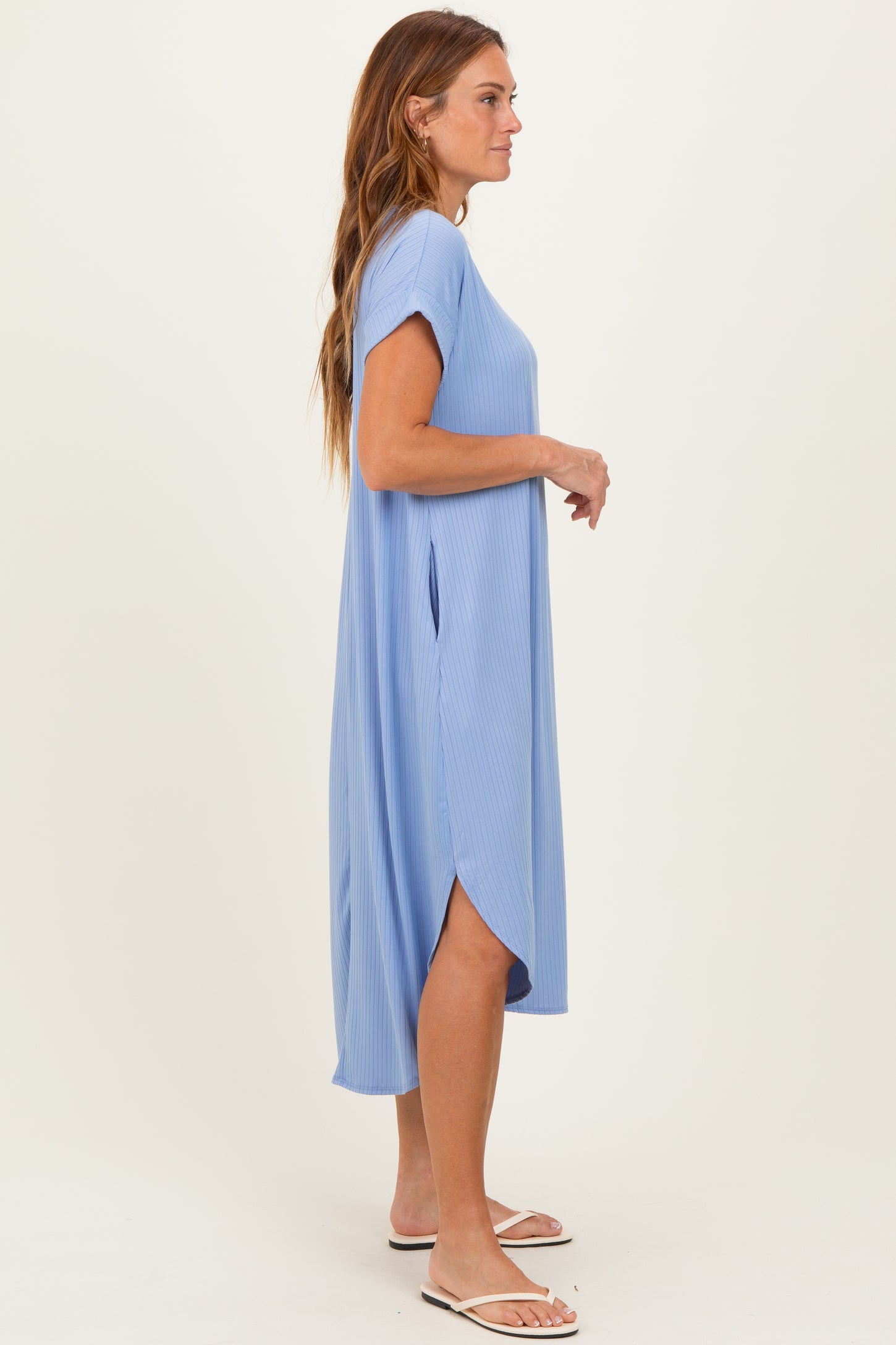 Blue Ribbed Curved Hem Midi Dress