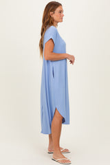 Blue Ribbed Curved Hem Midi Dress