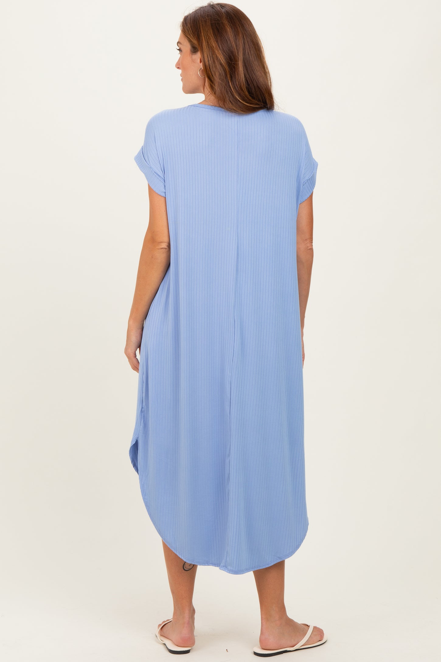 Blue Ribbed Curved Hem Midi Dress