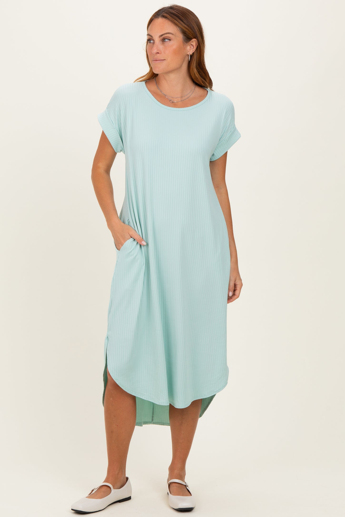 Mint Ribbed Curved Hem Maternity Midi Dress