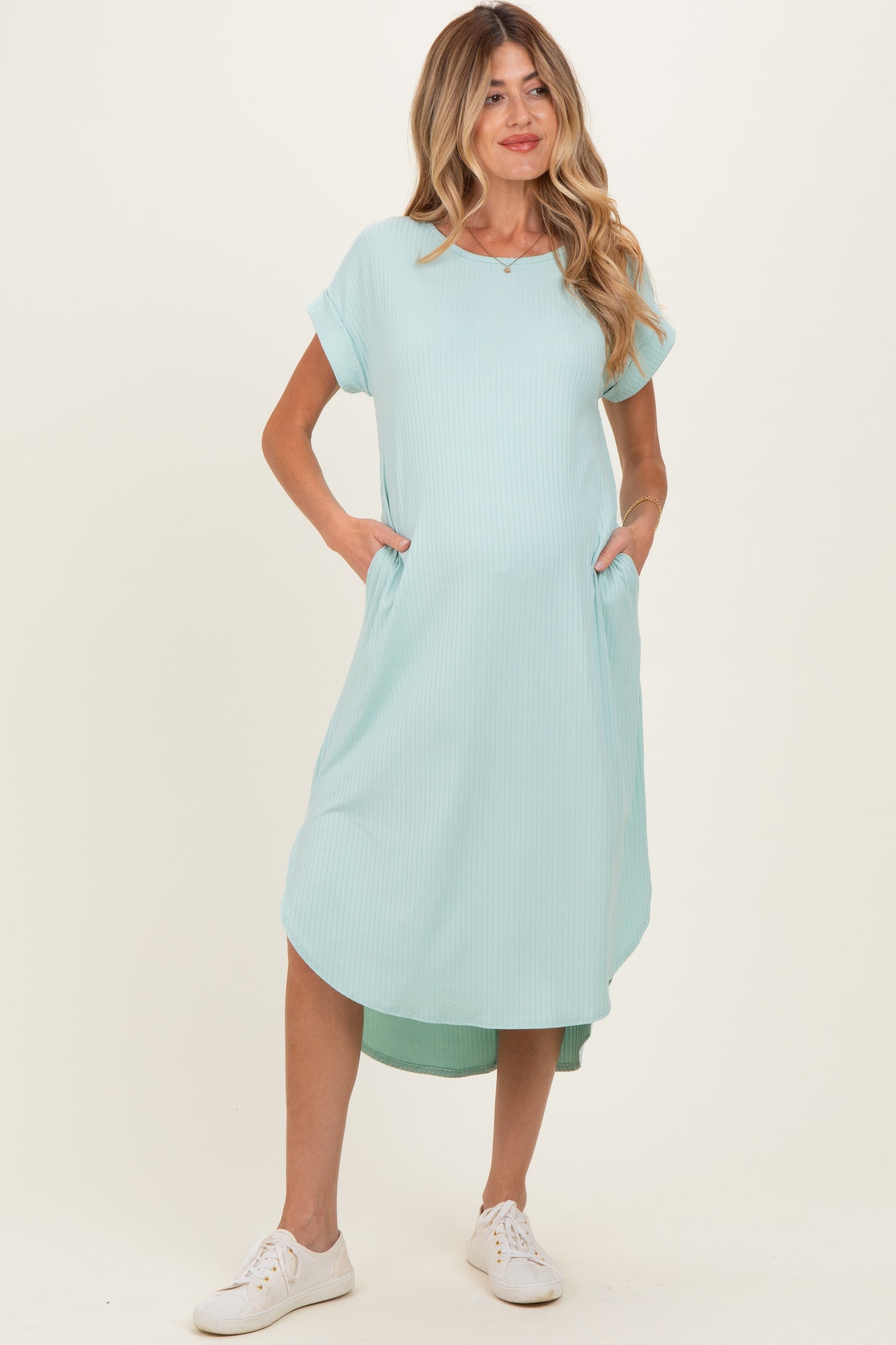 Mint Ribbed Curved Hem Maternity Midi Dress