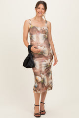 Taupe Mesh Floral Sleeveless Maternity Midi Dress