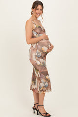 Taupe Mesh Floral Sleeveless Maternity Midi Dress