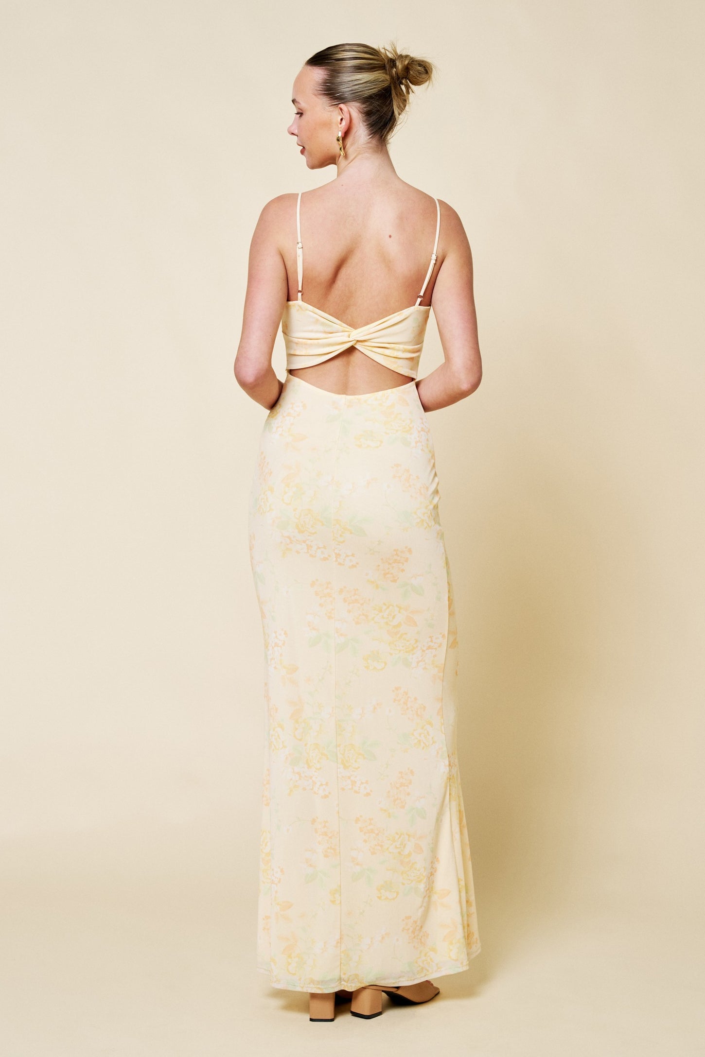 Light Yellow Floral Cutout Back Maxi Dress