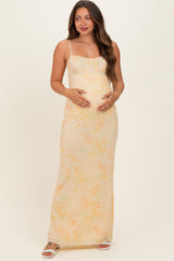Light Yellow Floral Cutout Back Maternity Maxi Dress