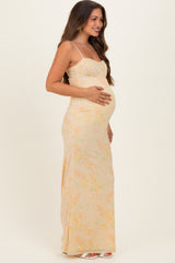 Light Yellow Floral Cutout Back Maternity Maxi Dress