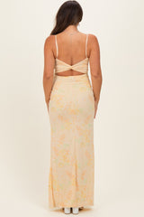 Light Yellow Floral Cutout Back Maternity Maxi Dress