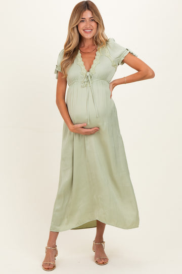 Sage Satin Lace Detail Maternity Maxi Dress