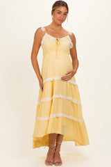 Yellow Lace Trim Tiered Maternity Maxi Dress