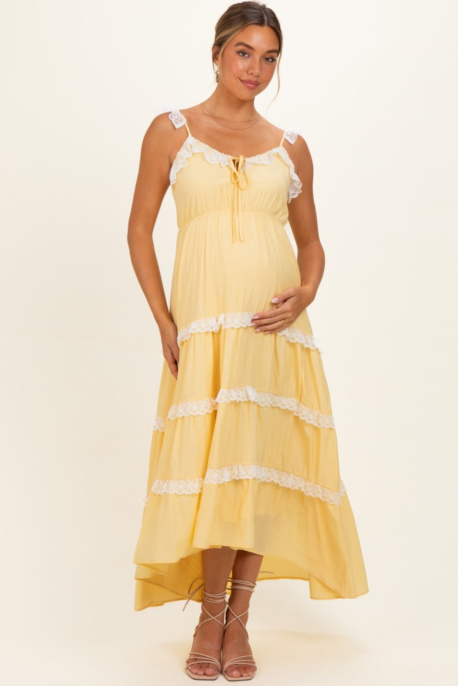yellow lace maxi dress Yellow Lace Trim Tiered Maternity Maxi Dress – PinkBlush