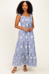 Blue Striped Embroidered Smocked Maxi Dress