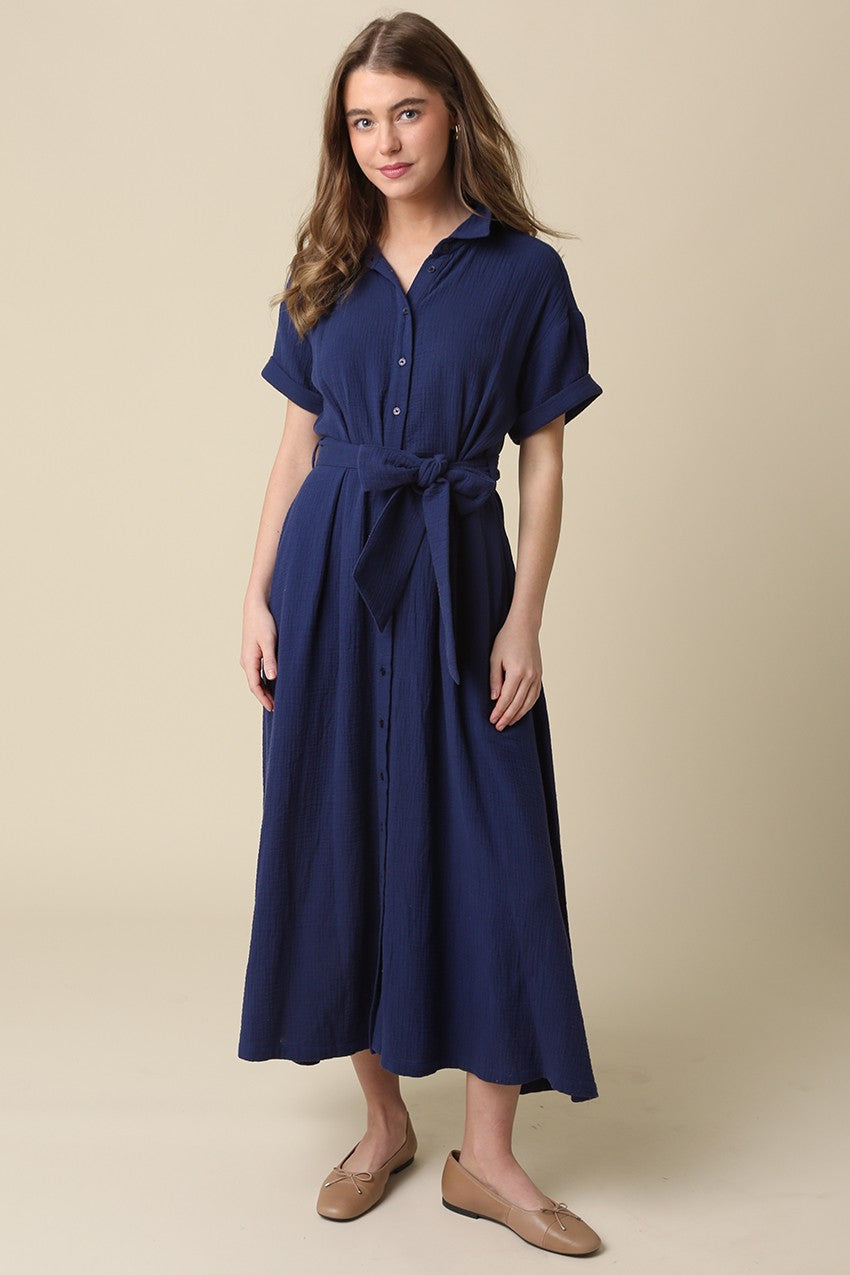 Navy Belted Maxi Shirt Dress PinkBlush Navy Belted Maxi Shirt Dress PinkBlush