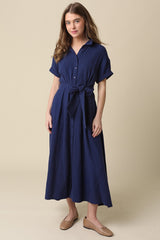 Navy Belted Maxi Maternity Shirt Dress