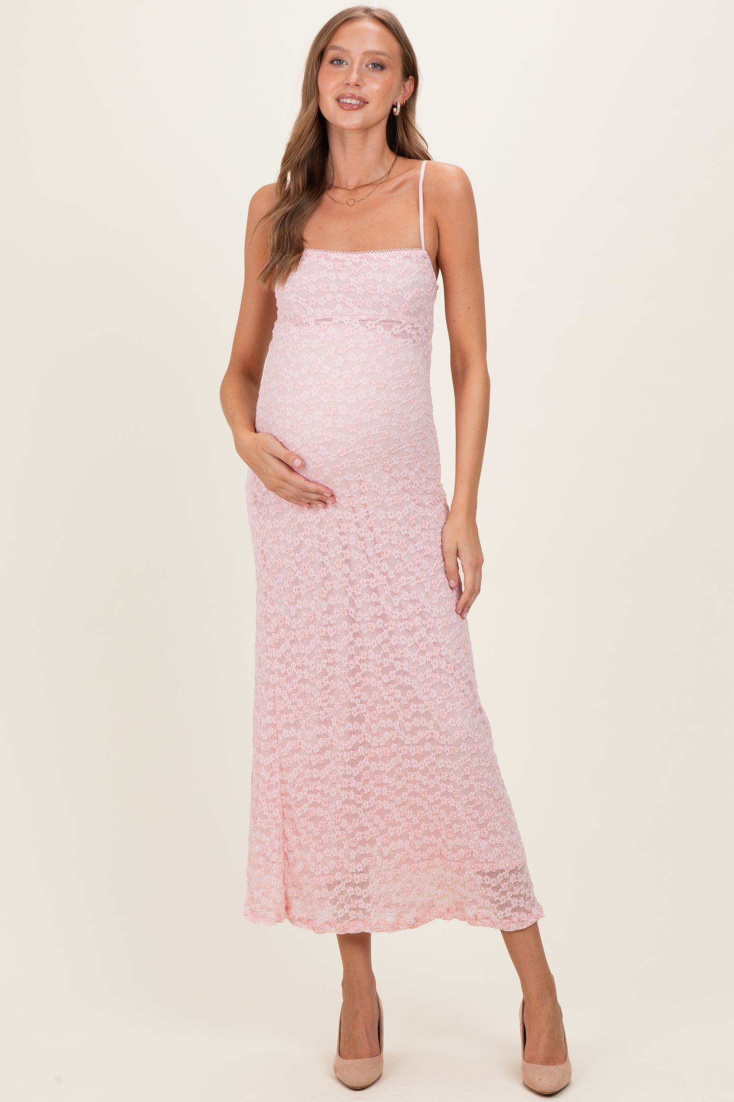 Light Pink Floral Lace Cutout Maternity Maxi Dress