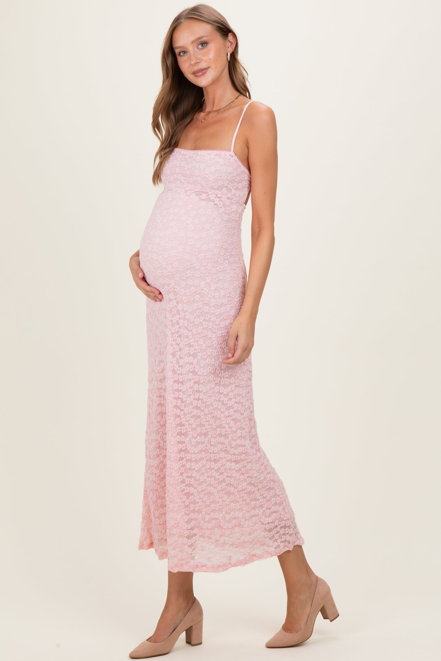 Light Pink Floral Lace Cutout Maternity Maxi Dress