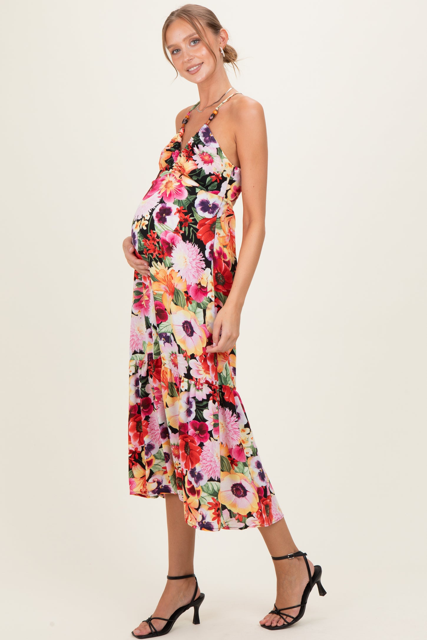 Black Floral Crisscross Back Maternity Midi Dress