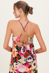 Black Floral Crisscross Back Maternity Midi Dress