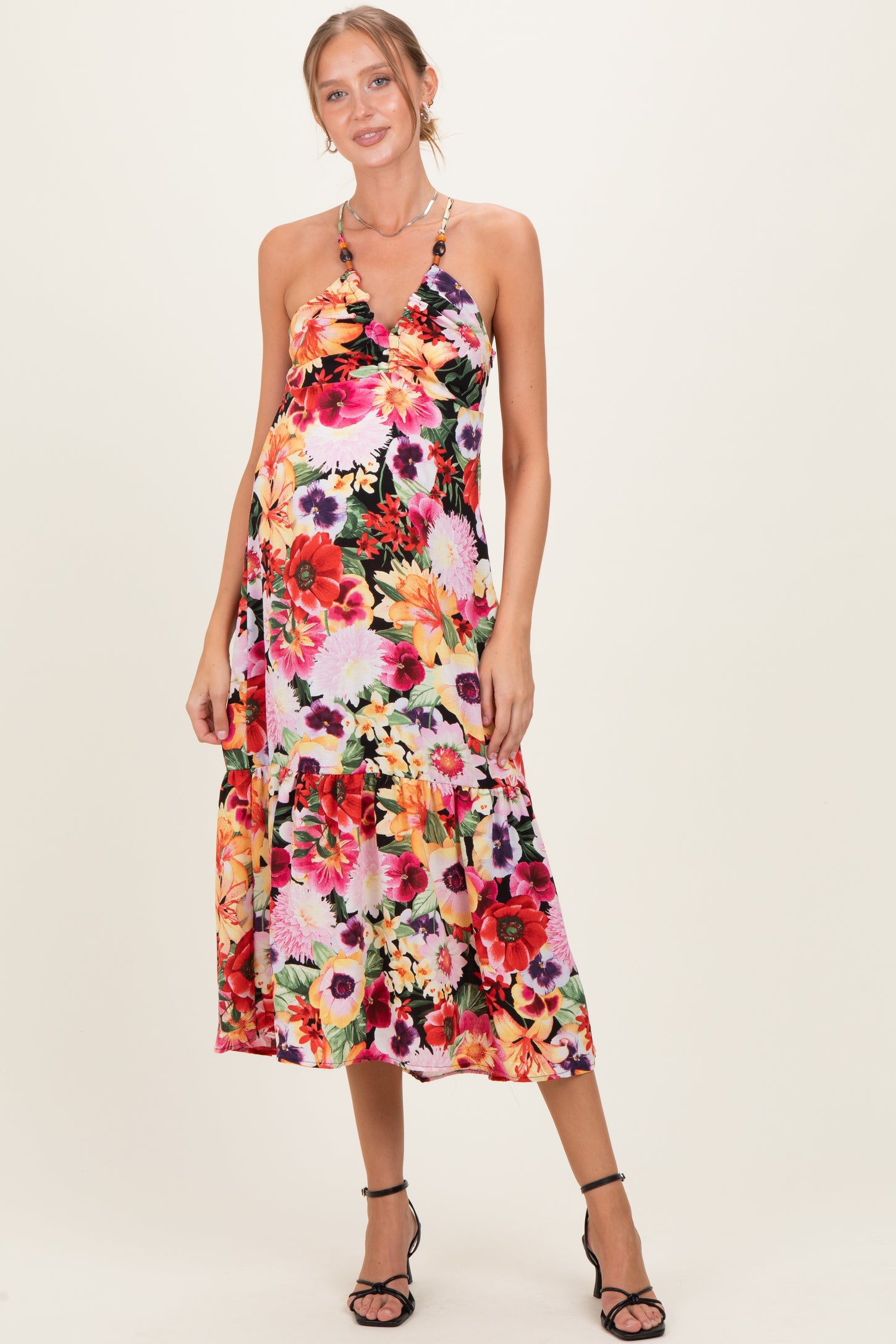 Black Floral Crisscross Back Maternity Midi Dress