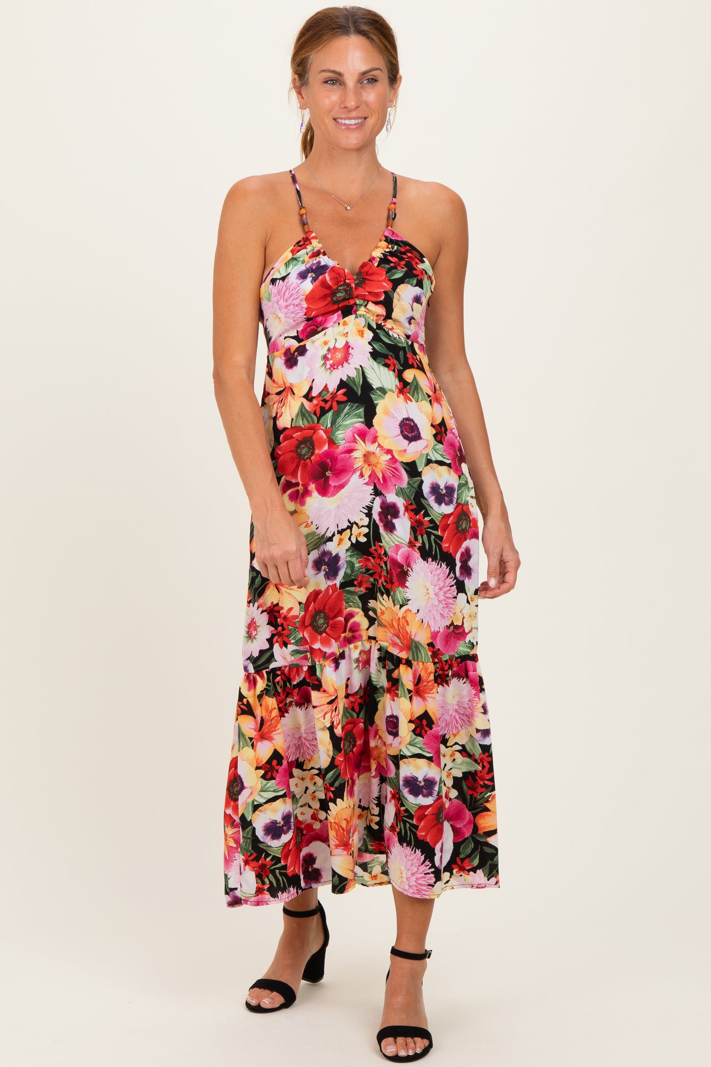 Black Floral Crisscross Back Maternity Midi Dress