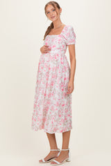 Pink Floral Crisscross Back Maternity Midi Dress