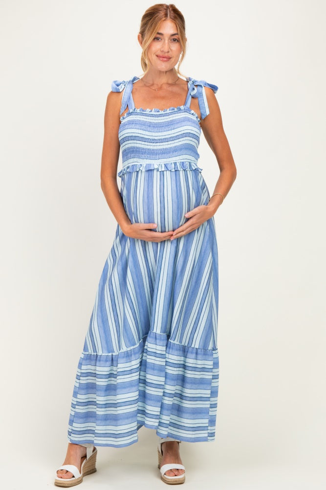 blue and white striped maternity dress Bright Blue Stripe Long Sleeve Maternity Shirt Midi Dress