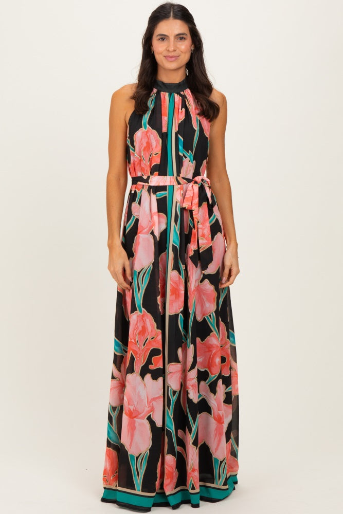 Black Floral Halter Maternity Maxi Dress Black Floral Halter Maternity Maxi Dress