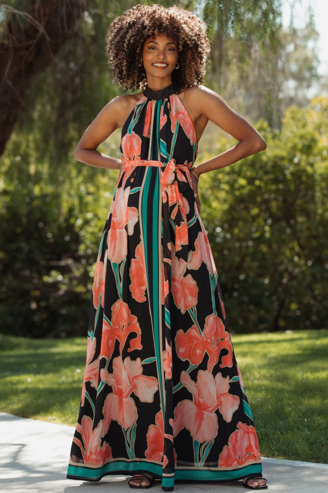 Black Floral Halter Maternity Maxi Dress Black Floral Halter Maternity Maxi Dress
