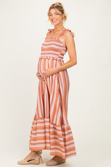 Rose Striped Smocked Shoulder Tie Maternity Midi Dress