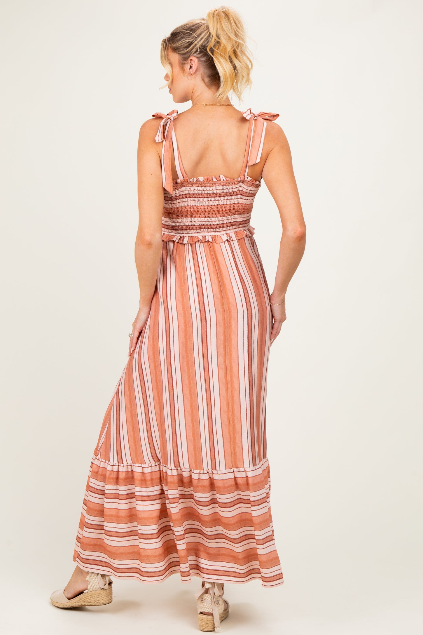 Rose Striped Smocked Shoulder Tie Maternity Midi Dress