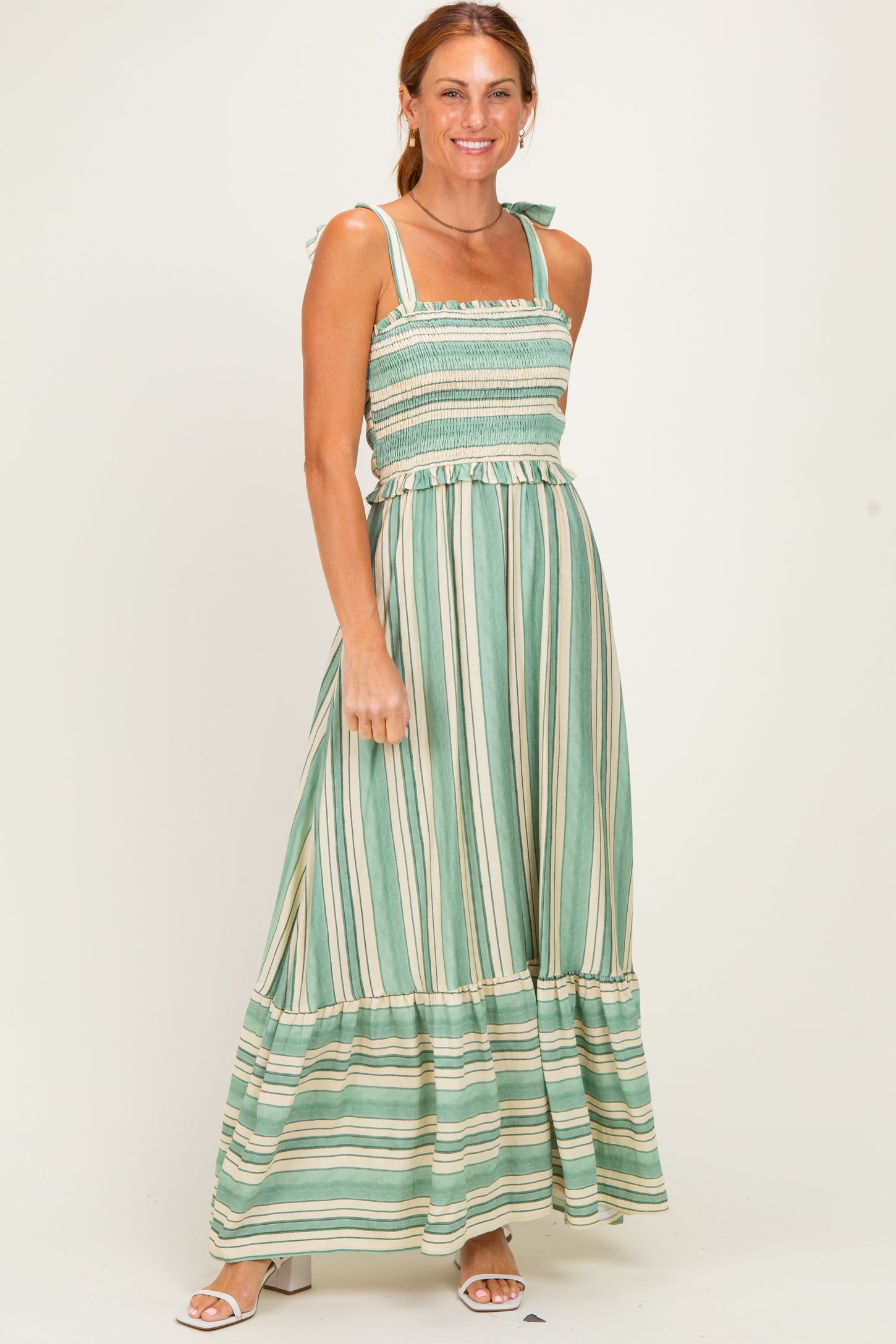 Green Striped Smocked Shoulder Tie Midi Dress – PinkBlush