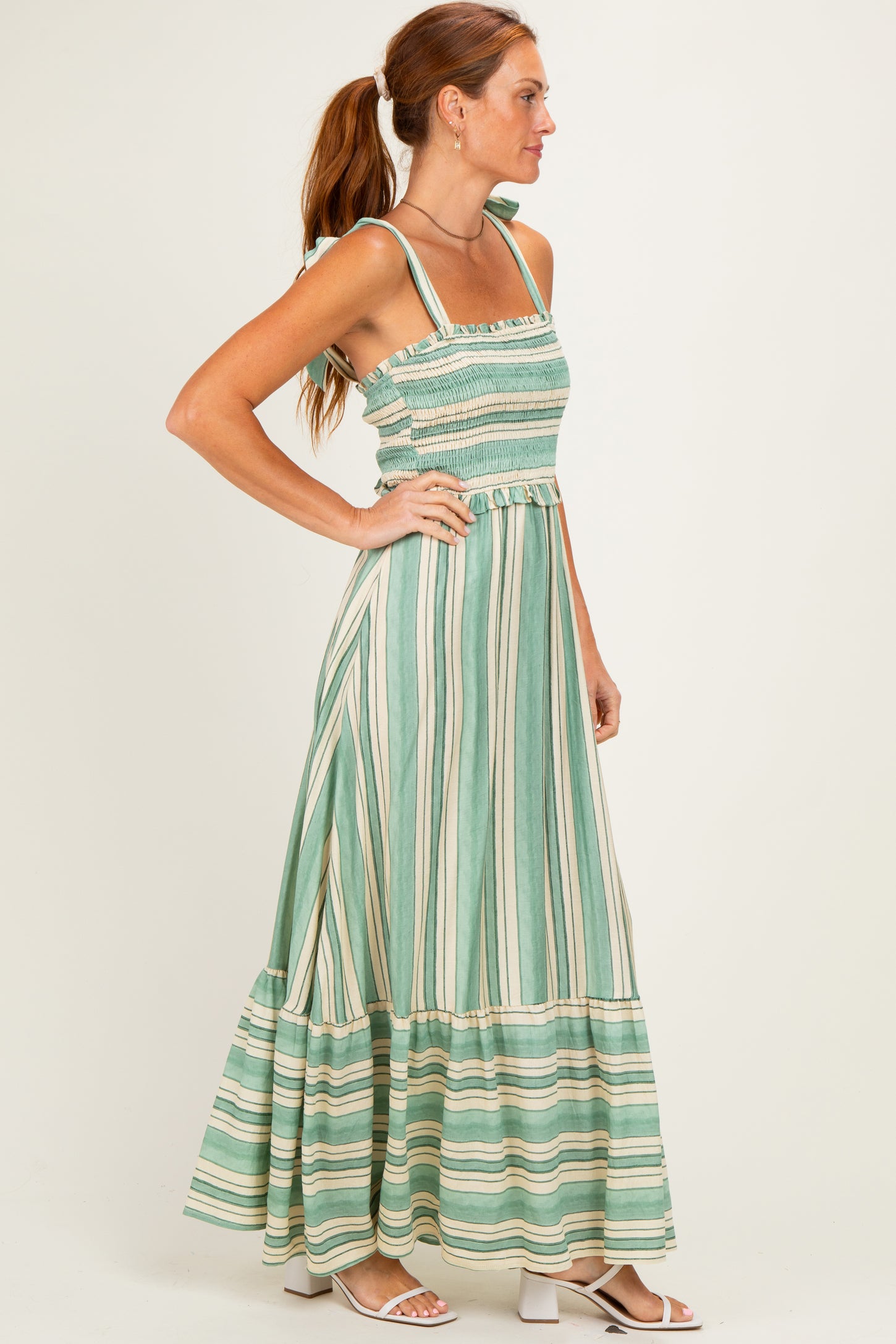 shoulder tie midi dress Juniper Shoulder-Tie Printed where festive red and green plaid shoulder straps steal the show Green Striped Smocked Shoulder Tie