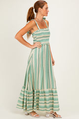 Green Striped Smocked Shoulder Tie Midi Dress
