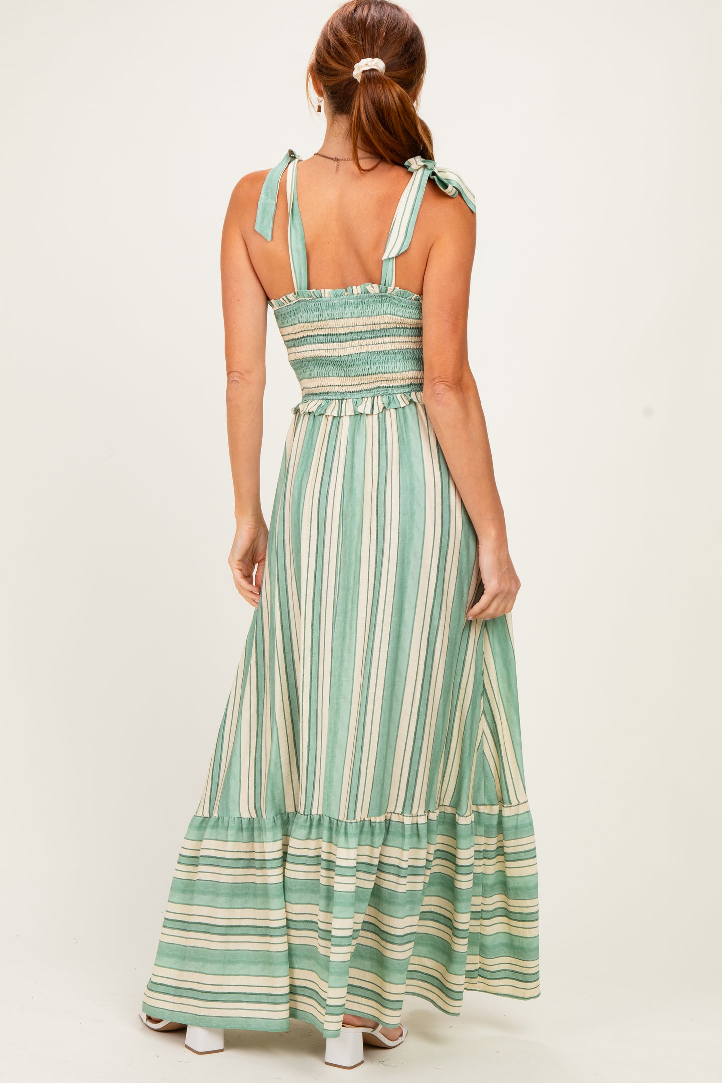 Green Striped Smocked Shoulder Tie Midi Dress – PinkBlush