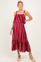 Red Striped Flounce Shoulder Tie Maternity Midi Dress