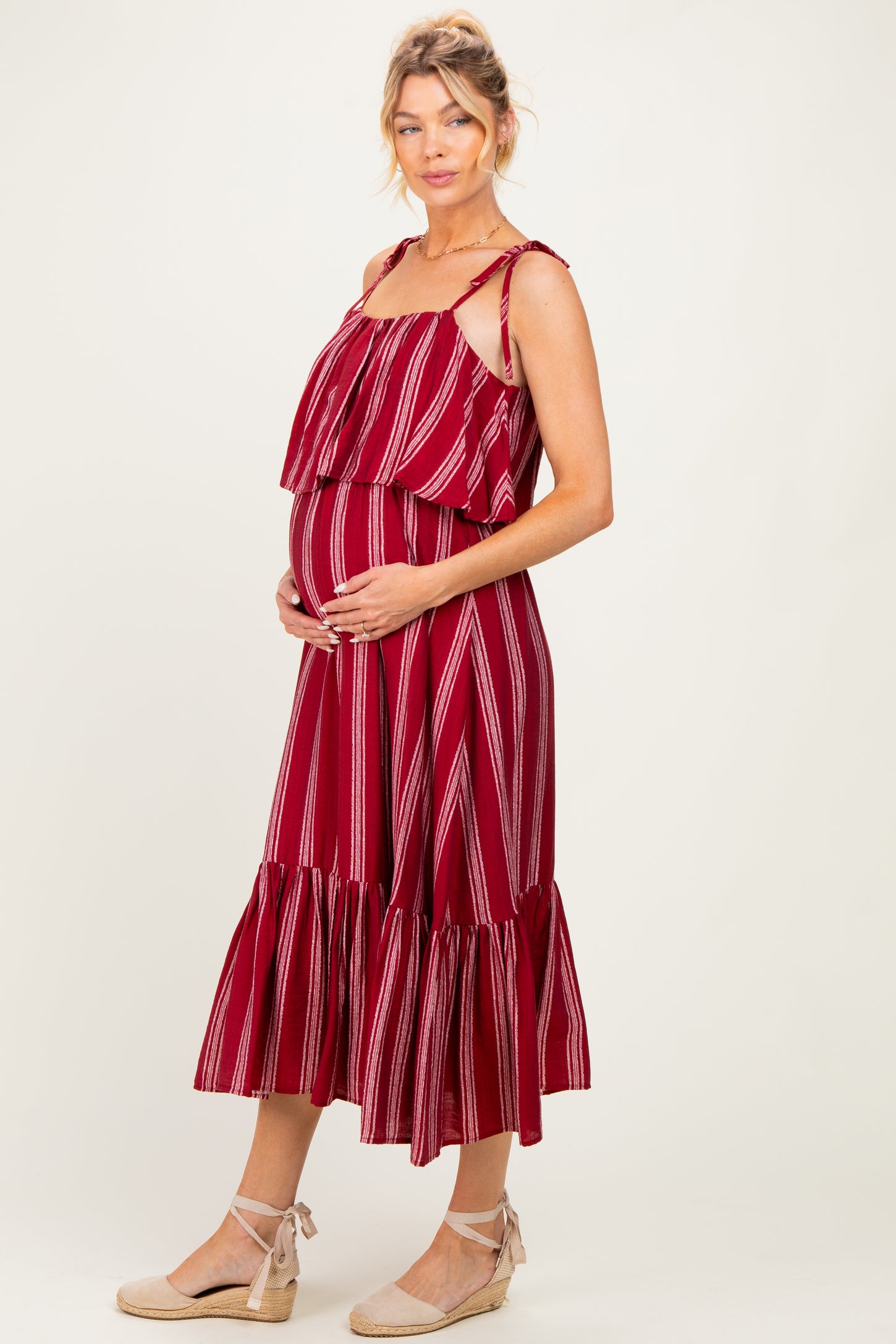 Red Striped Flounce Shoulder Tie Maternity Midi Dress