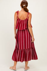 Red Striped Flounce Shoulder Tie Midi Dress