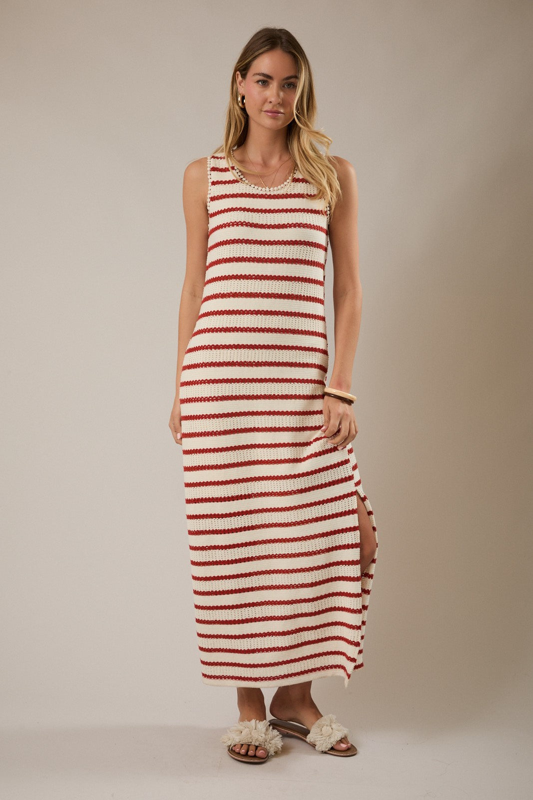 Cream Striped Crochet Knit Sleeveless Maxi Dress