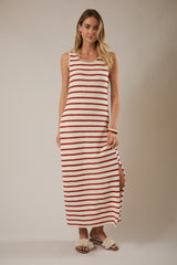 Cream Striped Crochet Knit Sleeveless Maxi Dress