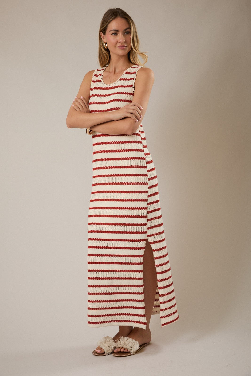 Cream Striped Crochet Knit Sleeveless Maxi Dress