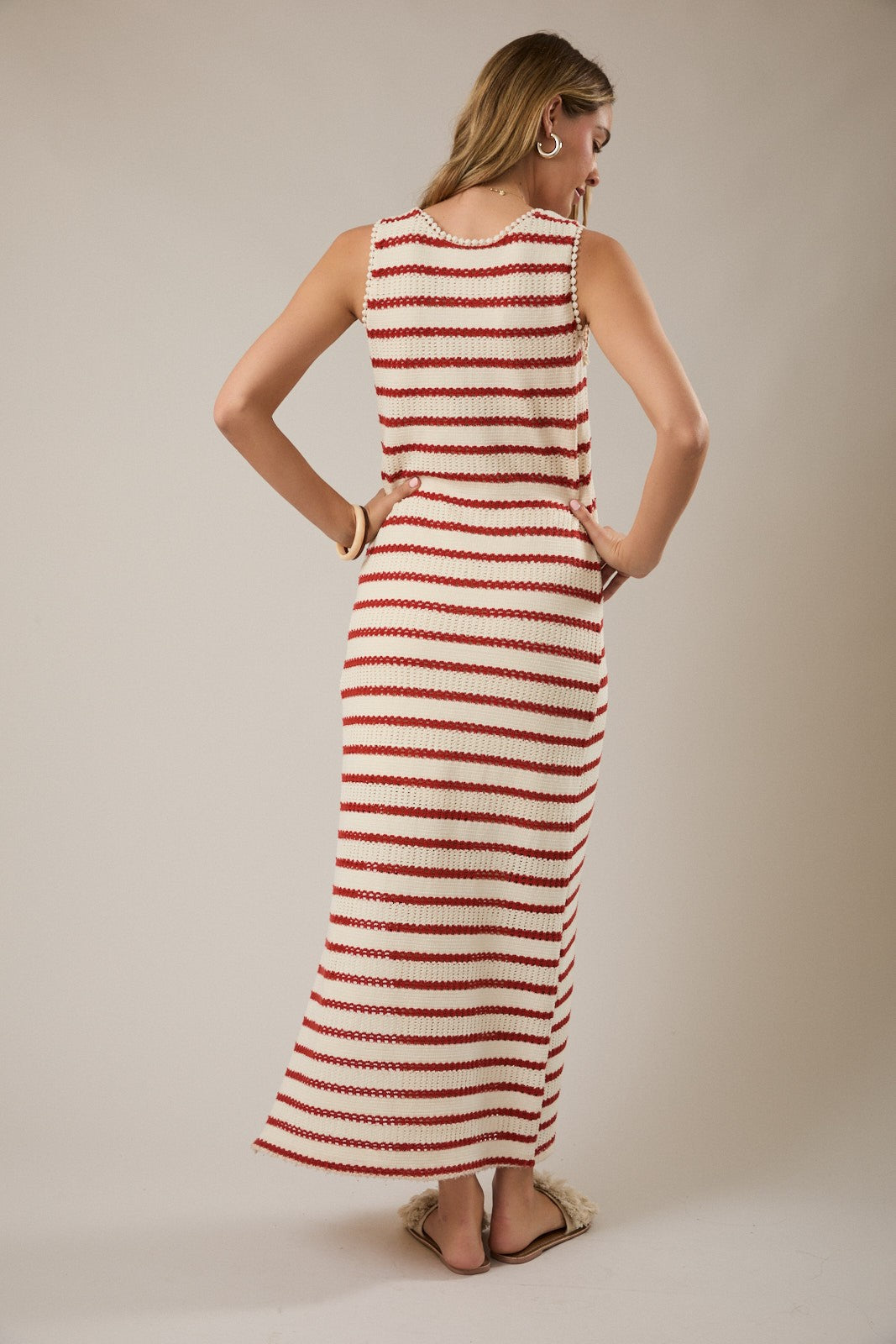 Cream Striped Crochet Knit Sleeveless Maxi Dress