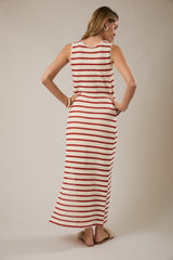 Cream Striped Crochet Knit Sleeveless Maxi Dress