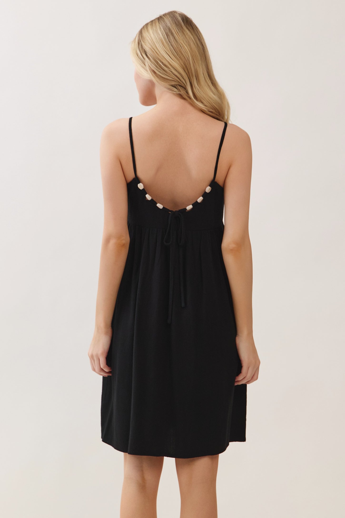 Black Linen Blend Bead Detail Mini Dress
