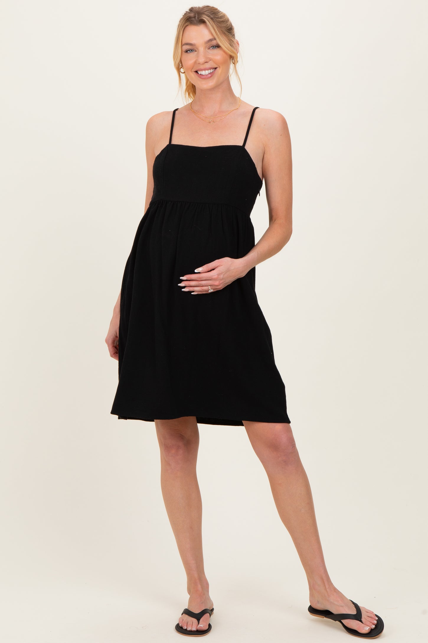 Black Linen Blend Bead Detail Maternity Mini Dress